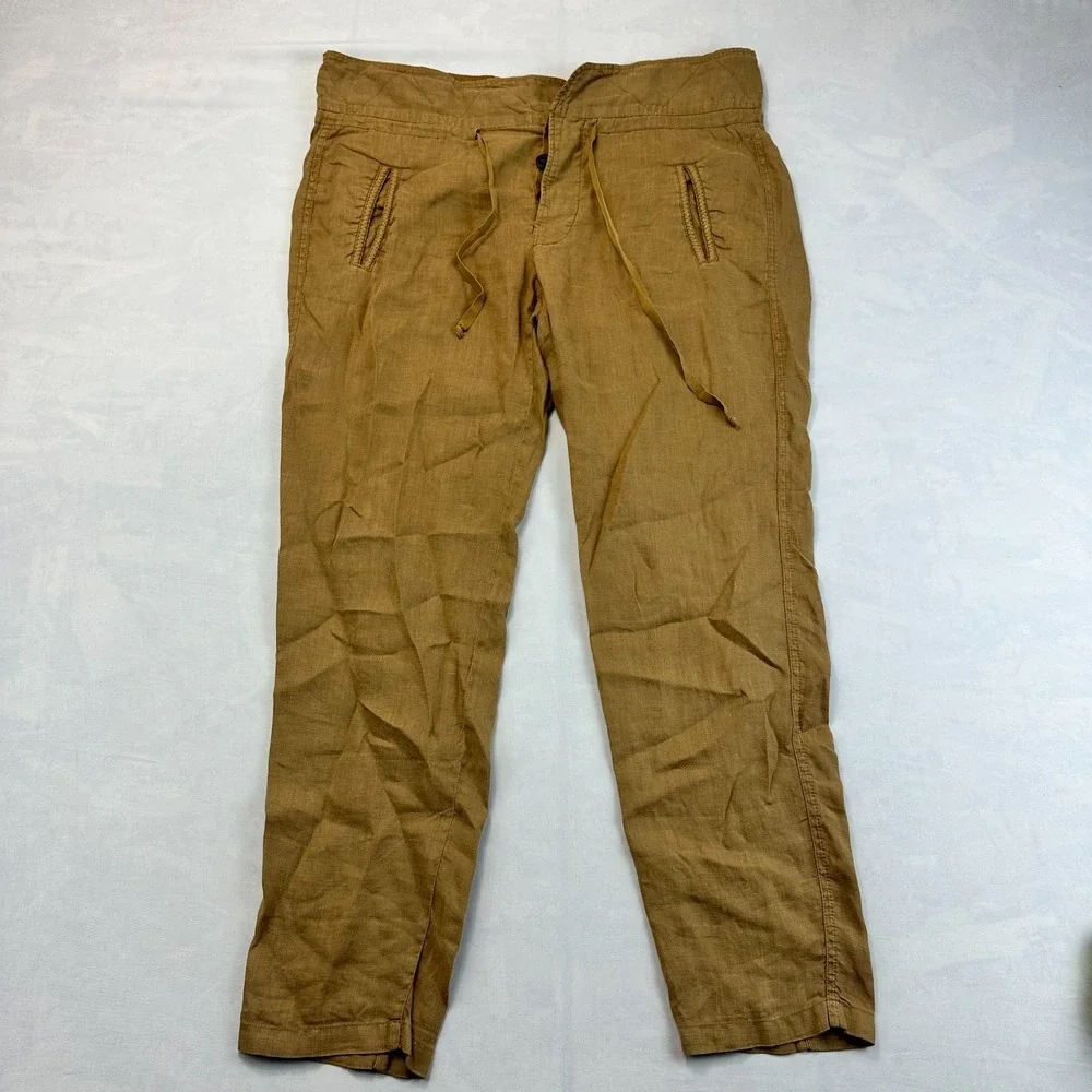 Zara Pants Womens Medium Tan Linen Straight Leg Summer High-Waisted Drawstring